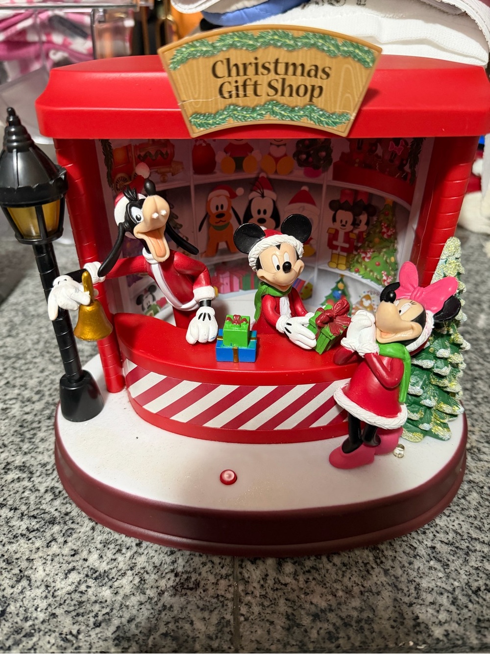 Disney Red Christmas Gift Shop Figurine Playset with Mickey, Minnie & Goofy